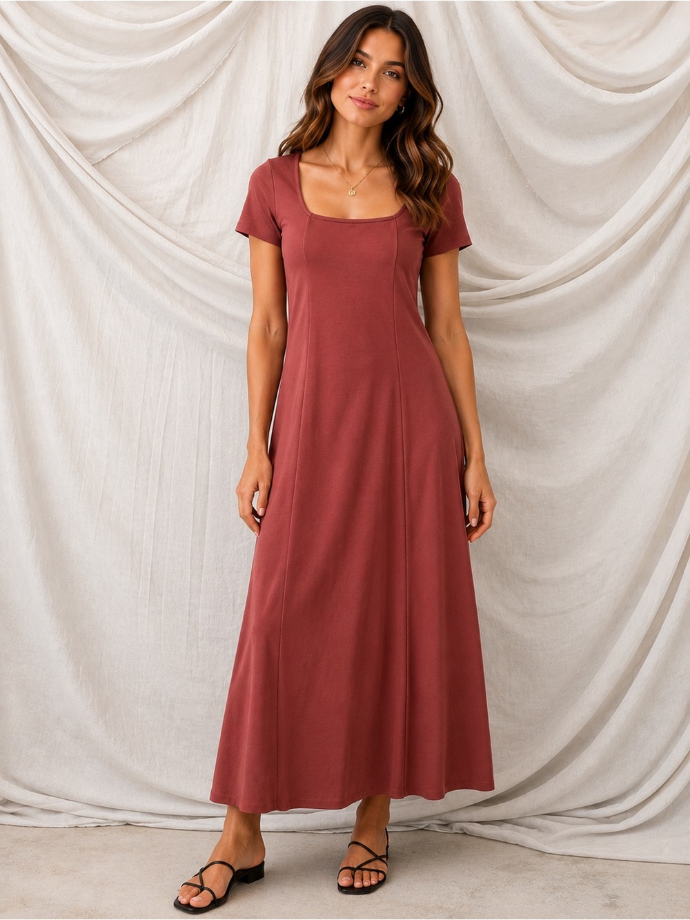 Old Navy | Dresses | Old Navy Square Neck Short Sleeve Maxi Dress Rusty Brown